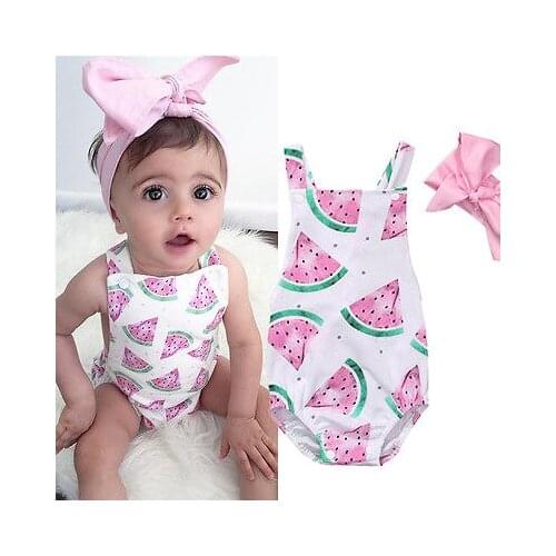 2018 Summer Cute Baby Girls Romper Jumpsuit Headband Watermelon Printed Outfits Sunsuit Set New 0-24M Children Kids Clothes Hot