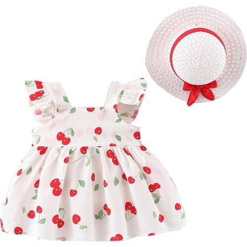 Cherry Baby Girls Dress With Hat Cotton Toddler Girls Casual Outfit 2 Colors Kids Childrens Clothes
