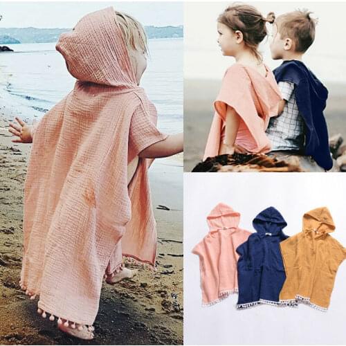 Cute Summer Toddler Kids Baby Girls Boys Boho Long Cardigan Cape Dress Beach Cover Up Solid Casual Kids Hooded Top Blouse