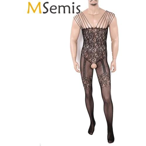 MSemis Transparent Men Sissy Lingerie Erotic Nightwear Hollow Out Fishnet Footed Stretchy Body Pantyhose Tights Body Stocking