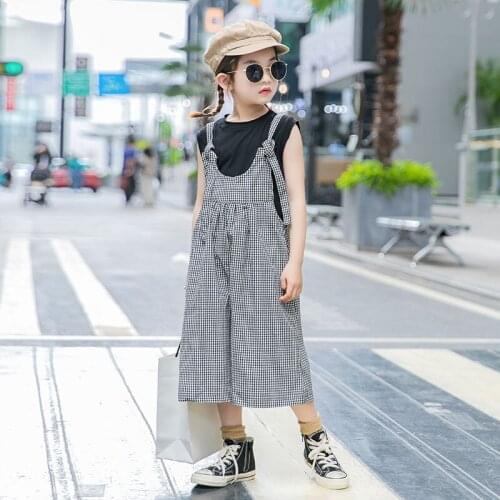 Girls Set Summer 2020 Black Plaid Pants+ Sling Suit Fashion Piece Tide Girls Clothing 4 6 8 1012 14Years Kids Clothes Girls