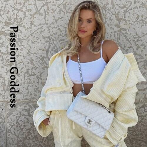 Fashion Street Women Checkered Pink Jacket Casual Bubble OutCoat Irregular Pockets Stand Collar Zipper Detachable Cargo Jackets