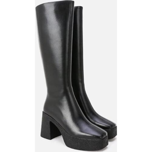 Fashion Women Knee High Heels New Autumn Winter Warm Snow Boots Chunky High Heels Platform Black Brown Dress Party Stretch Boots