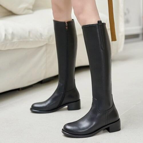 New Women Top Quality Genuine Leather Knee High Boots Chunky Heels Dancing Night Club Shoes Woman Punk Riding Boots