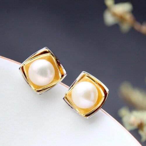 New s925 sterling silver with natural pearl woman earrings square tremella nail allergy free female model earrings for woman