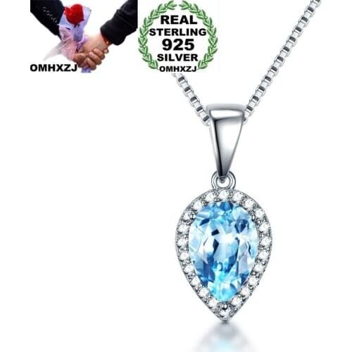 OMHXZJ Wholesale European Fashion Woman Girl Party Gift Water Drop Topaz Zircon 925 Sterling Silver Necklace Pendant Charm CA49
