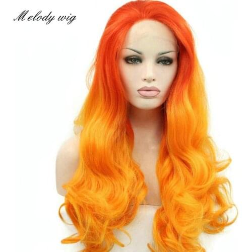 Melody Synthetic Lace Front Wigs Heat Resistant Ombre Orange Flame Color Long Body Wave for Women Natural Looking Daily Wear