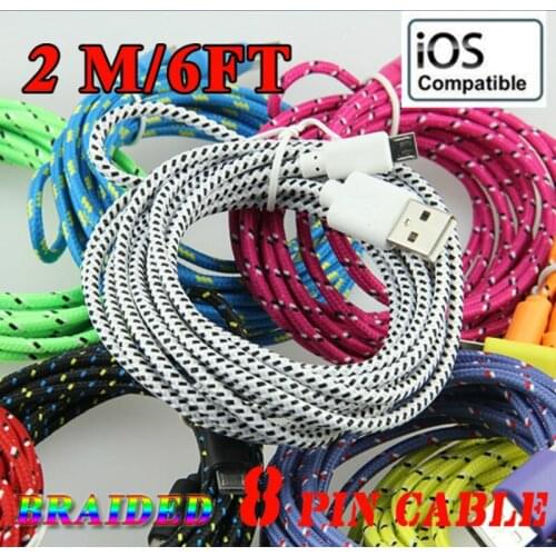 Cable for iphone Fabric USB Braided Wire Data Sync Cloth Woven 2M 6Ft Colorful Cord Woven Cable for iPhone X 8 iOS 500pcs/lot