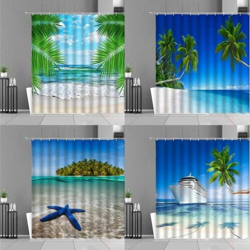 Sunny Beach Coconut Tree Scenery Shower Curtain Ocean Nature Image Waterproof Curtains Screen Bathroom Home Decor Wall Cloth