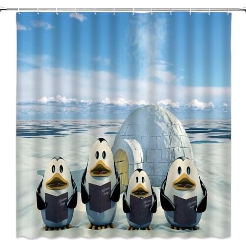 Cartoon Cute Penguin Doll Shower Curtains Antarctic Ice and Snow World Igloo Scenery Bathroom Decor Waterproof Cloth Curtain Set
