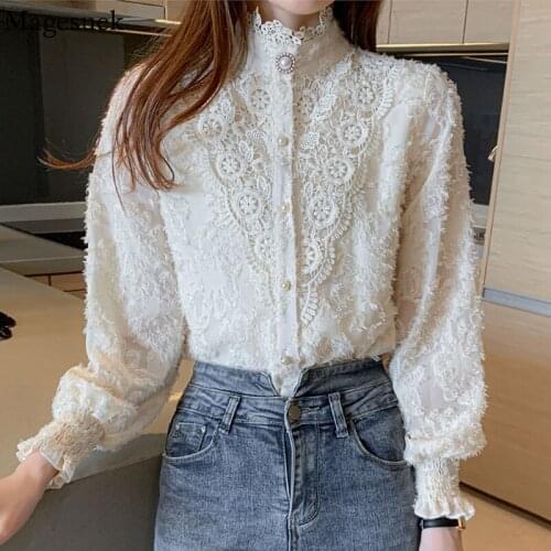 New Stand Collar Hollow Out Flower Chiffon Shirt 2021 Autumn Elegant Blouse with Lace Beaded Long Sleeve Women Top Blusas 16895