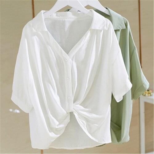 Women blouses summer white short sleeve goth blouse women 2021 esthetic knot on waist loose shirts cotton tops femmes blouses