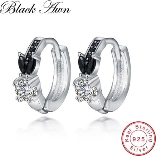 [BLACK AWN] Genuine 925 Sterling Silver Flower Engagement Hoop Earrings for Women Black Spinel Stone Jewelry Bijoux T166