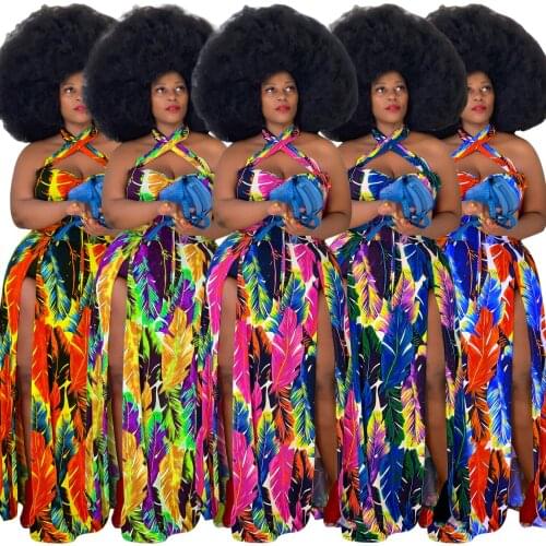 Plus Size Sexy Dress 4xl Summer Clothing Wholesale Dropshipping Open Hem Summer Print New Maxi Dresses Women 2021 FT170