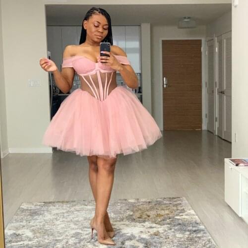 Sexy Sheer Nude Pink Short Women Dresses Birthday Dress Off The Shoulder Mini Female Outfit Vestido De Mujer Women Clothing