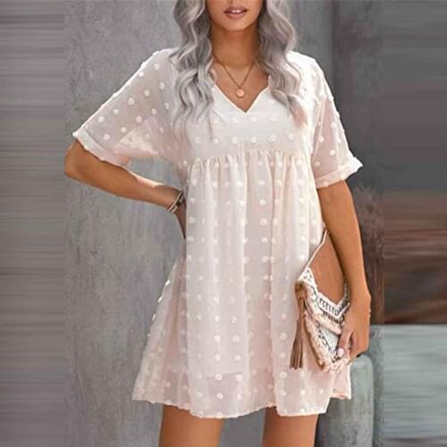 Womens Boho Dress Casual High Waist Dot Mesh V-neck Solid Color Short Sleeve Dress Vestido De Mujer Sukienka Платье @40