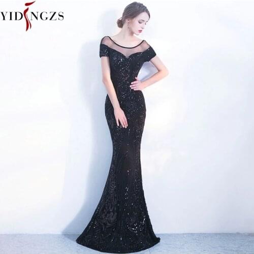 YIDINGZS Elegant Backless Long Evening Dresses Simple Black Sequins Evening Party Dress YD100