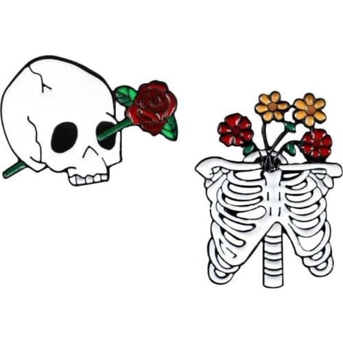 White Skull Sternum Metal Enamel Brooch Personality Skeleton Death Flower Badge Pin Trendy Costume Backpack Jewelry Accessories