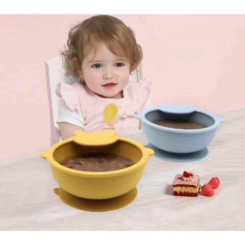 28EC 2 Pcs BPA Free Silicone Waterproof Baby Suction Bowl Training Spoon Set Non-Slip Learning Feeding Food Dish Plate Kids