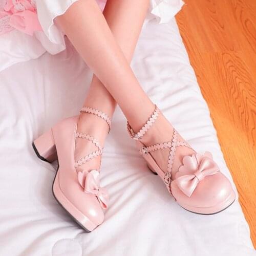 2021 Girls Sweet Lolita Bowknot Wedding High Heels Women Gothic Cosplay Princess Dress Party Pink Shoes Plus Size 30-48 8776