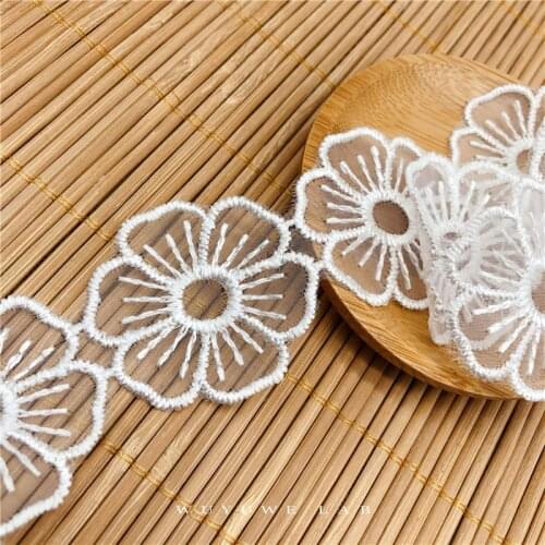 9yards White Flower Embroidered Lace Ribbon Trims Applique Sewing Craft for Crochet Wedding Bridal Dress Clothes Decoration