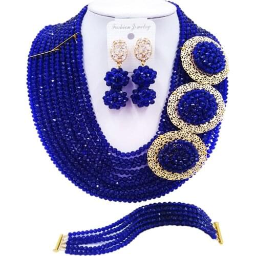 ACZUV Royal Blue African Beads Necklace Nigerian Wedding Jewelry Sets 10C-3PH009