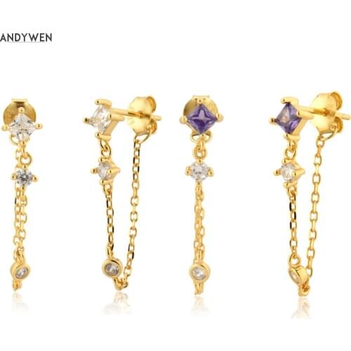 ANDYWEN 925 Sterling Silver Gold Clear Purple Drop Chain Earring Purple Fine Jewelry Gift 2021 Piercing Rock Punk Party Clips