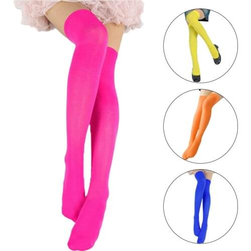 Neon Color Women Stockings Sexy Evening Party High Knee Socks Cosplay Nylon Silk Elasticity Black White Stockings Women 13 Color
