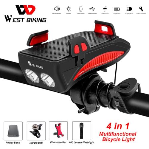 WEST BIKING 4 In 1 Bicycle Light Flashlight Bike Horn Alarm Bell Phone Holder Power Bank Bike Accessories Cycling Front Lamp MTB