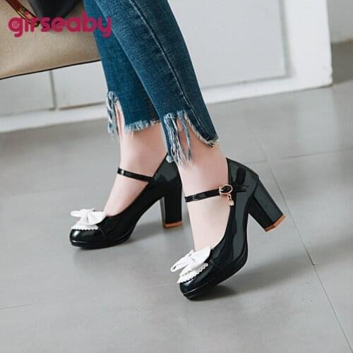 Girseaby Large size 48 Women lolita platform Pumps High Thick Heel Leather Butterfly-Knot Buckle Strap lady cosplay Dress shoes