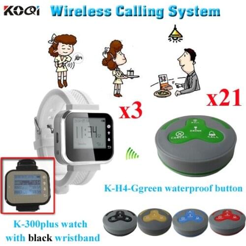 Guest Pager Calling System Waiter for Service Hotel Equipment ( 3pcs watch receiver pager + 21pcs waterproof call button)