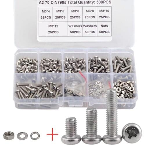 300PCS M3 304 Stainless Steel Cross Phillips Round Head Screw Bolt with Nut and Flat Washer Spring Lock Washer Assortment Kit