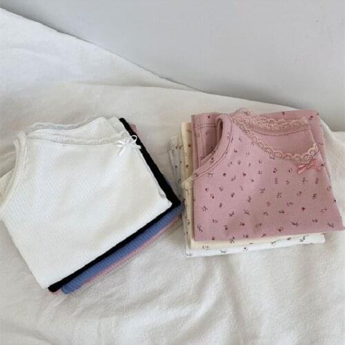 Lace Stitching Bow Camisole Women 2021 Summer Solid Bottoming Crop Tops Pure Cotton Soft Slim Casual Floral Print Camisole