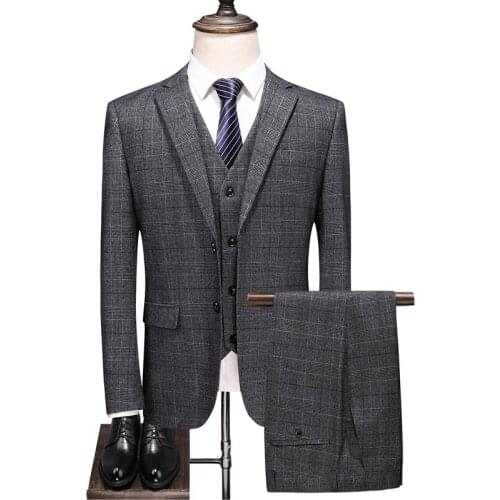 Mens three-piece sets ( men Blazer+Vest+pant ) Plaid stripes Male suit Asian size S-4XL High quality Fashion Wedding suits