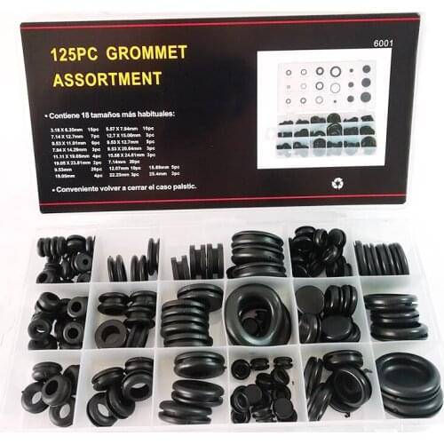 125 Pcs Black Rubber Grommet Firewall Wiring Cable Gasket Assortment Case Set