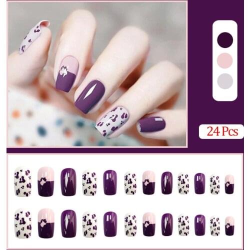 24Pcs New Purple False Nail Artificial Tips Set Full Cover for Short Decoration Press On Fake Nails Art Extension Tips With Glue
