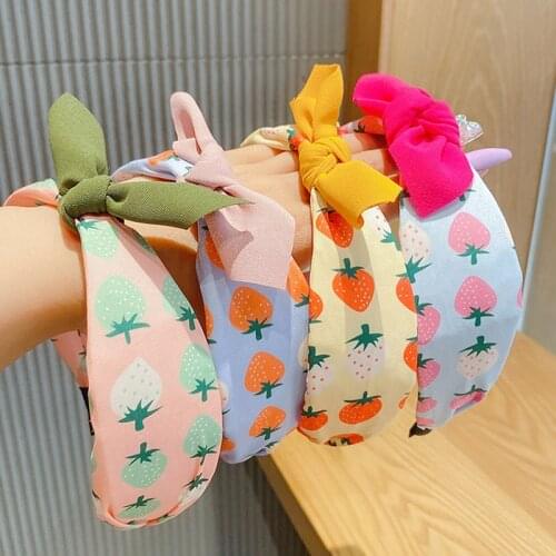Kids Girls Cute Rabbit Ears Bow Headband Sweet Strawberry Fruit Print Hair Hoop