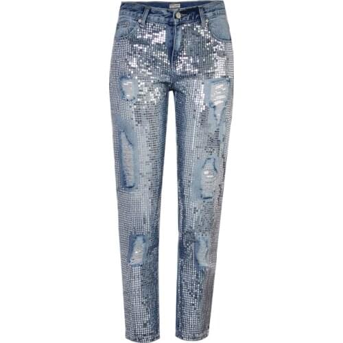 Autumn Women Jeans Washed Blue Denim Mid Waist Ankle-Length Pants Ripped Hole Sequined Spring Straight Female Trousers C3067