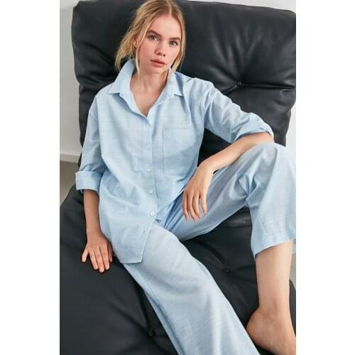 Blue Stripe Woven Pajamas Set 100% Cotton Long-Sleeve Shirt Two Piece Set Soft Spring Dressing Gown Home Clothing Comfy Autumn Sleepwear