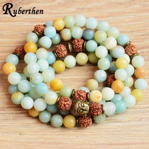 Ruberthen 8 mm Amazonite 108 Mala Bracelet Natural Rudraksha Buddha Head Bracelet 4 Wrap Chakra Spiritual Hearling Yoga Bracelet