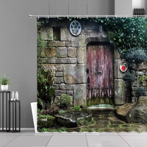 European Style Garden Stone Walls Old Door Shower Curtains Rural Retro Nordic Home Decor Wall Cloth Waterproof Bathroom Curtain