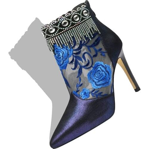 Super high heel boots and calf womens boots sheepskin embroidery flowers pointed ladies boots rhinestone crystal national wind