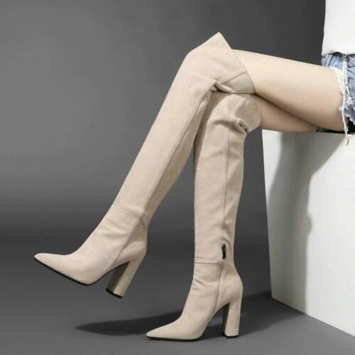 Faux Flock Over the Knee Boots Woman Fashion Pointed Toe High Heeled Thigh High Boots Female Winter Warm Long Boots Beige Black