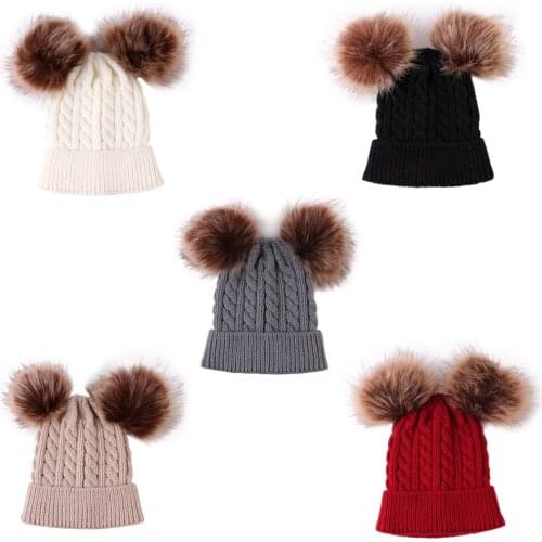 20pc/lot Brand New Newborn Baby Kids Girls Boys Winter Warm Knit Hat Furry Balls Pompom Solid Warm Cute Lovely Beanie Cap Gifts