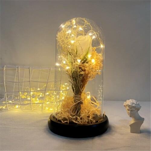 LED Eternal Rose Glass Cover Dome Lamp Dry Gypsophila Sea Lavender Flower with Copper Light for Birthday Wedding Valentine Gifts