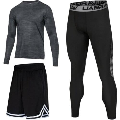 Spring and Autumn Sports Suit Mens Quick-drying Tight-fitting Running Three-piece Round Neck Leisure Fitness Suit Gym Men Set