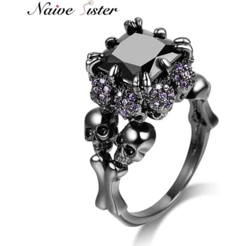 Vintage Black Tone Princess Cut skull rings for women men punk skeleton jewelry girls gift bridal love promise wedding band