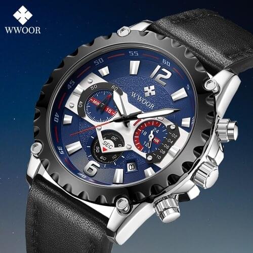 WWOOR 2021 New Top Brand Fashion Luxury Men Leather Watch Military Sport Chronograph Quartz Wristwatches Waterproof Reloj Hombre