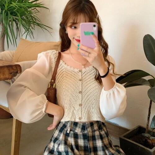 V Neck Knit Sweet Patchwork Puff Sleeve Long Sleeve Casual Women Shirts Blouse