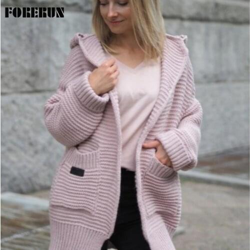 FORERUN Hooded Cardigan Women Fashion Oversized Long Knitted Sweater with Pockets Winter Autumn Fashion Outwear